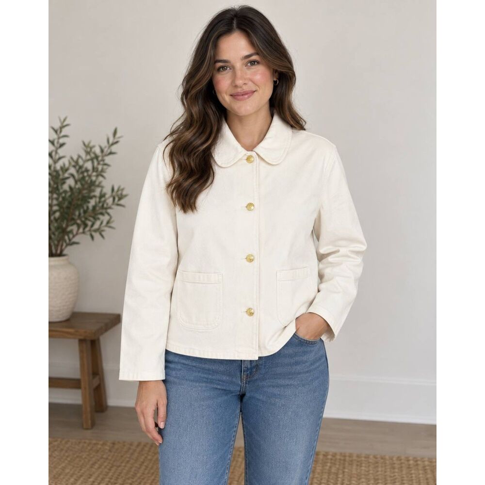 J.Crew White Denim Jacket Size L Gold Buttons Rounded Collar Patch Pockets